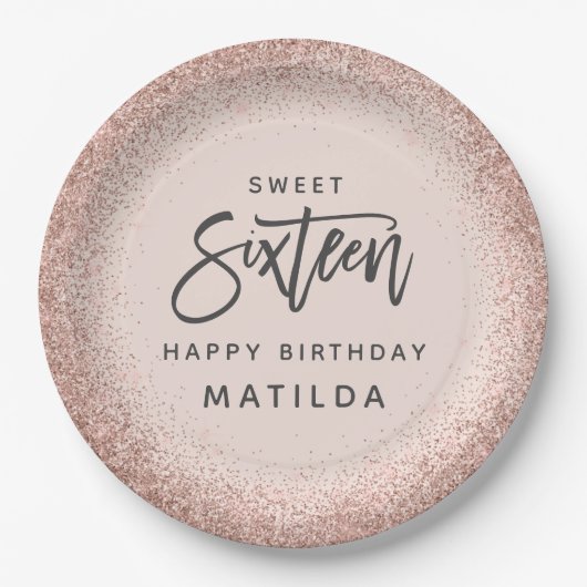 ピンク・ガーリーグリッター16歳の誕生日パーティー ペーパープレート (正面)
