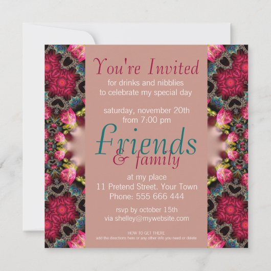 ピンク&ガーリーティール（緑がかった色）バラスペシャルパーティの招待状 招待状 (裏面)