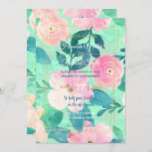 ピンク&ガーリーティール(緑がかった色)フローラハンドマ絵を描ントデザイン 招待状 (正面/裏面)