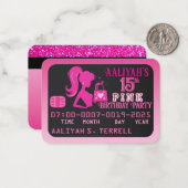 ピンク/ガーリーブラッククレジットカード誕生日招待状 ノートカード (正面/裏面インサイチュ)