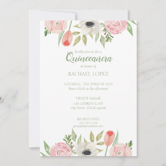 ピンク&ガーリーホワイトフローラキンセアニェラ誕生日 招待状 (正面)