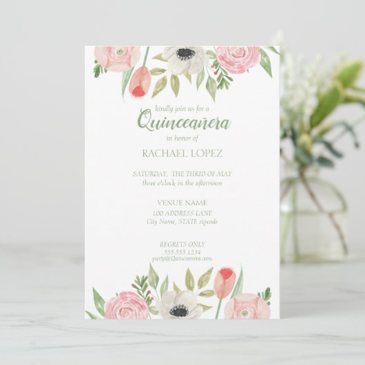 ピンク&ガーリーホワイトフローラキンセアニェラ誕生日 招待状 (スタンド正面)