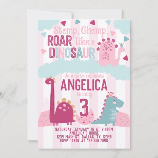 ピンク・ガール恐竜の誕生パーティーをテーマに 招待状 (正面)