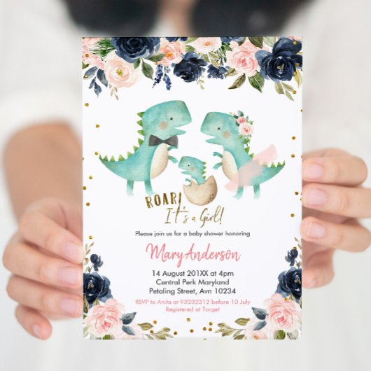 ピンク・ガール恐竜カップル・シャワー 招待状