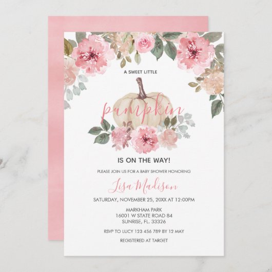 ピンク・ガール・カボチャがベビーシャワーの途中 招待状 (正面/裏面)