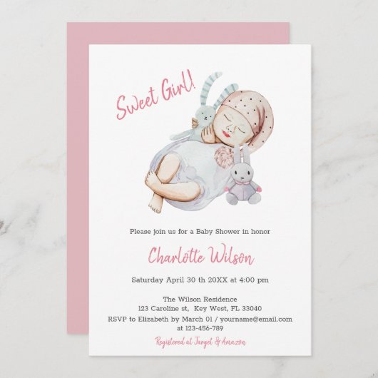 ピンク·ガール·ベビ生まれたばかりのー·シャワーの招待 セーブザデート (正面/裏面)