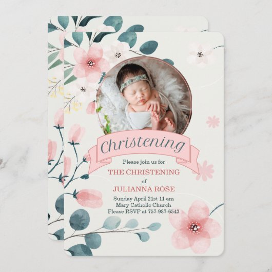 ピンク《キリスト教》洗礼式や命名式の赤ちゃんガールピーチ 招待状 (正面/裏面)