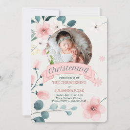 ピンク《キリスト教》洗礼式や命名式の赤ちゃんガールピーチ 招待状