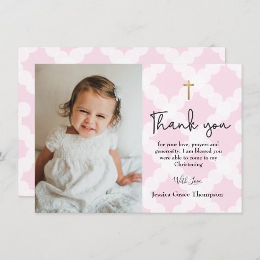 ピンク《キリスト教》洗礼式や命名式ガール感謝してい写真 サンキューカード (正面/裏面)