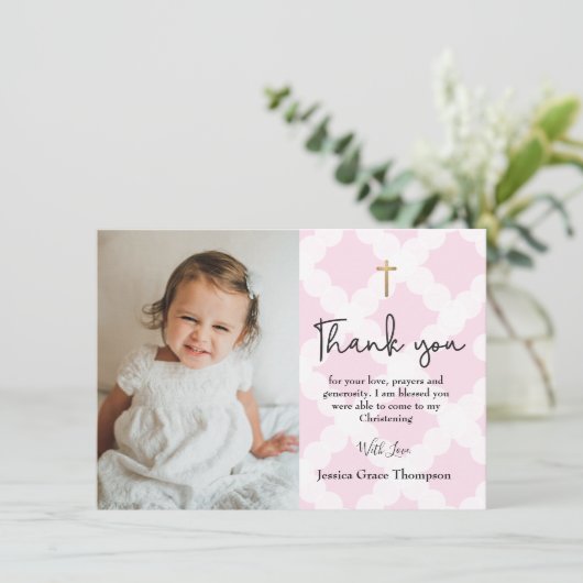 ピンク《キリスト教》洗礼式や命名式ガール感謝してい写真 サンキューカード (スタンド正面)