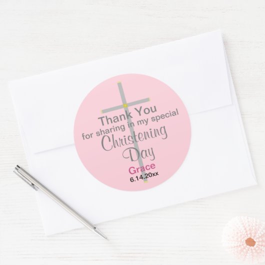 ピンク《キリスト教》洗礼式や命名式ドーターサンキュー ラウンドシール (封筒)