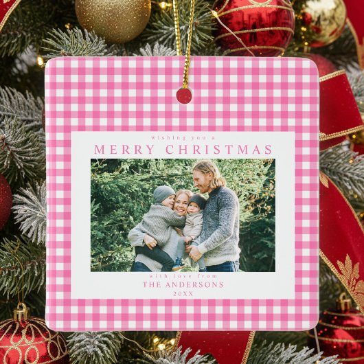 ピンク ギンガム クリスマス 2 枚写真 セラミックオーナメント