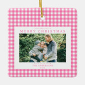 ピンク ギンガム クリスマス 2 枚写真 セラミックオーナメント (正面)