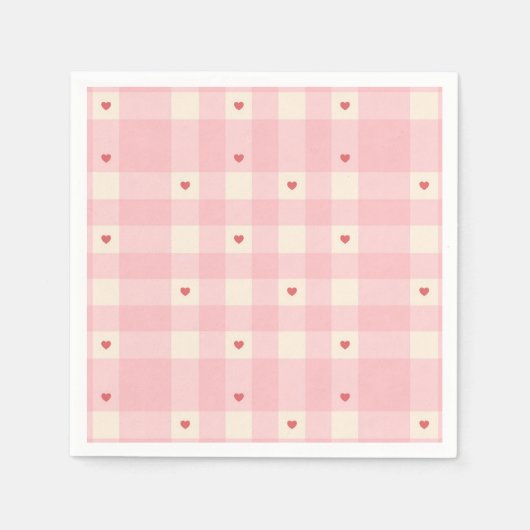 ピンク ギンガム ハート バレンタイン スタンダードカクテルナプキン (正面)