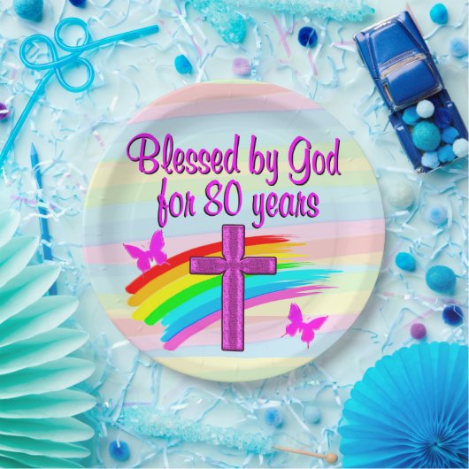 ピンク·クかわいらしリスチャン80世誕生日紙プレート ペーパープレート (パーティー)