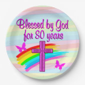 ピンク·クかわいらしリスチャン80世誕生日紙プレート ペーパープレート (正面)