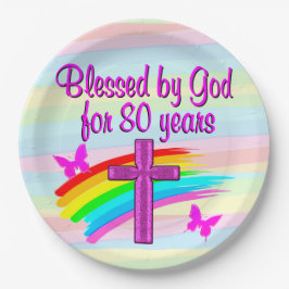 ピンク·クかわいらしリスチャン80世誕生日紙プレート ペーパープレート