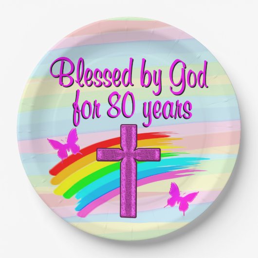 ピンク·クかわいらしリスチャン80世誕生日紙プレート ペーパープレート (正面)