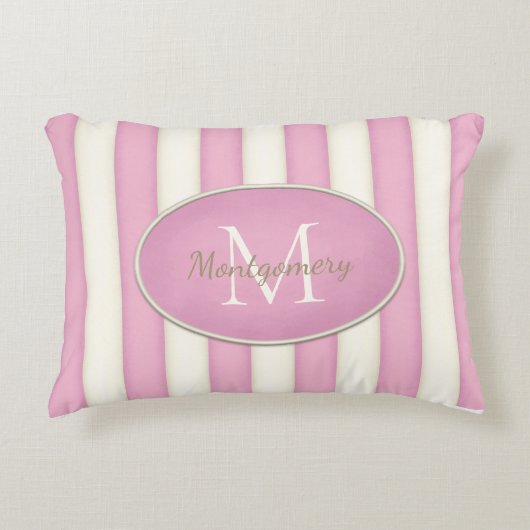 ピンク＆クリームのストライプ オーバルフレーム モノグラム アクセントクッション (正面)
