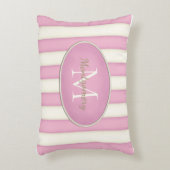 ピンク＆クリームのストライプ オーバルフレーム モノグラム アクセントクッション (正面(垂直))