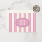 ピンク&クリームズストライプオバルフレームモノグラムカスタム ノートカード (正面/裏面インサイチュ)