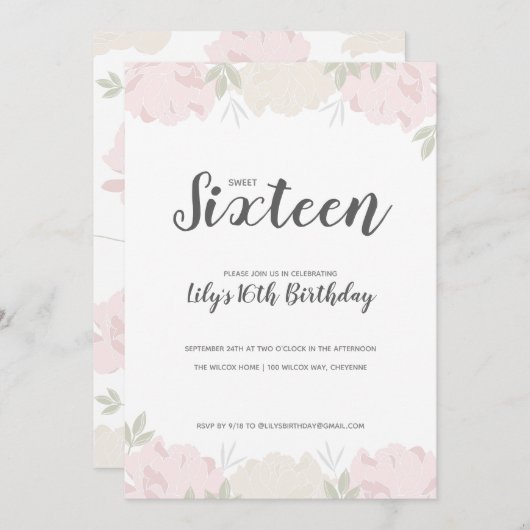 ピンク&クリーム牡丹スウィート16誕生日パーティー 招待状 (正面/裏面)