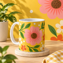 ピンク、クリーム、オレンジの花と緑の葉 コーヒーマグカップ