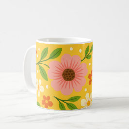 ピンク、クリーム、オレンジの花と緑の葉 コーヒーマグカップ