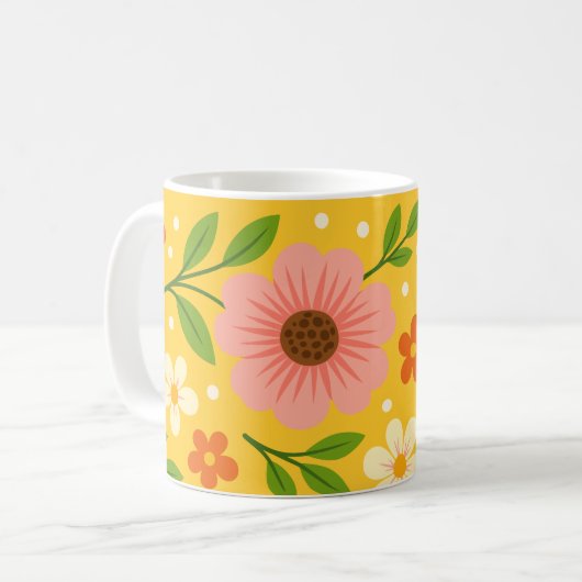 ピンク、クリーム、オレンジの花と緑の葉 コーヒーマグカップ (正面左)