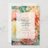 ピンク、クリーム、シー・フォーム・グリーンの花の結婚式 招待状 (正面)
