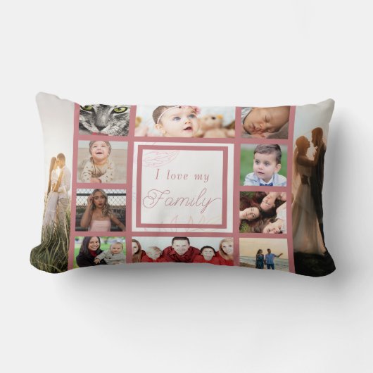 ピンク&クールトレンディー大好き家族の写真コラージュ ランバークッション (正面)
