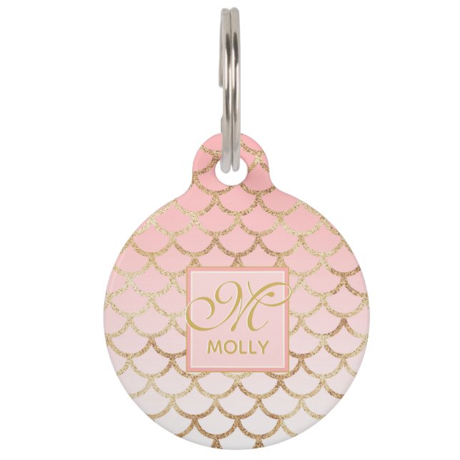 ピンク&グラデーション金ゴールドマーメイドパターン – モノグラムの ペット　ネームタグ (正面)