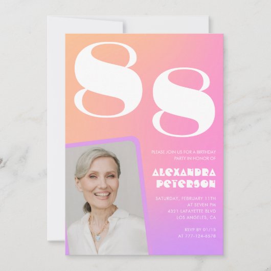 ピンク グラデーション レトロ フォト 88歳の誕生日 招待状 (正面)