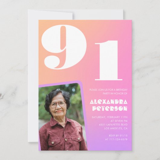 ピンク グラデーション レトロ フォト 91歳の誕生日 招待状 (正面)
