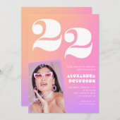 ピンク グラデーション 22歳の誕生日招待状 レトロ フォト 招待状 (正面/裏面)