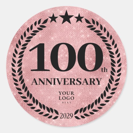 ピンク グリッター スタイル 100 周年 ビジネス ロゴ ラウンドシール (正面)