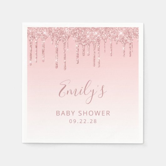 ピンク グリッター ドリップ ベイビー シャワー スタンダードカクテルナプキン (正面)