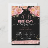 ピンク グリッター フラワーの70歳の誕生日 Save the Date 招待状 (正面)