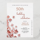 ピンク グリッター フラワー 花柄 50歳の誕生日 箔招待状ポストカード (正面)