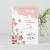 ピンク グリッター フラワー 花 50歳の誕生日 招待状 (スタンド正面)