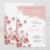 ピンク グリッター フラワー 花 50歳の誕生日 招待状 (正面/裏面)