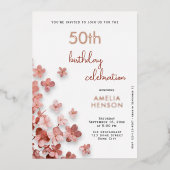ピンク グリッター フラワー 花 50歳の誕生日 箔招待状 (正面)