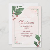 ピンク&グリーンウォーターカラークリスマスイブディナーパーティー 招待状 (正面)