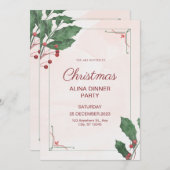 ピンク&グリーンウォーターカラークリスマスイブディナーパーティー 招待状 (正面/裏面)