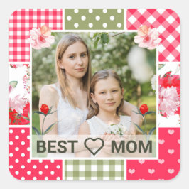 ピンク&グリーンウォーターカラーフローラパッチワークMom写真 スクエアシール