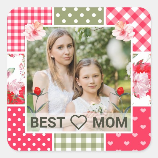 ピンク&グリーンウォーターカラーフローラパッチワークMom写真 スクエアシール (正面)