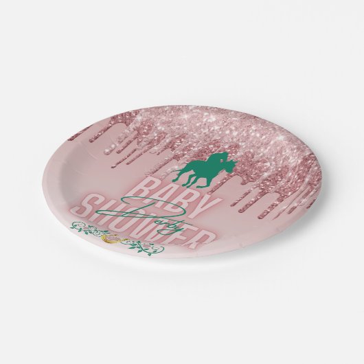 ピンク|グリーンエレガントグリッタードリップダービーベイビーシャワー ペーパープレート (アングル)