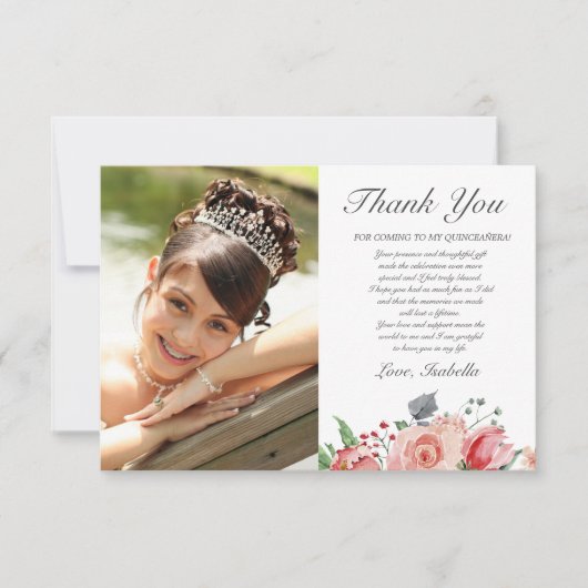 ピンク&グリーンエレガントフローラフォトキンセアニラ サンキューカード (正面)