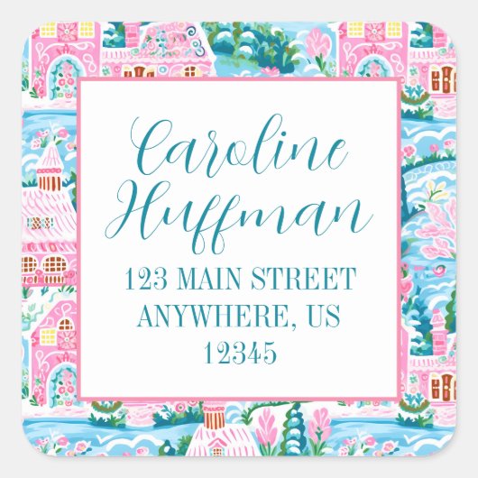 ピンク&グリーンクリスマスジンジャーブレッド差出人住所 スクエアシール (正面)