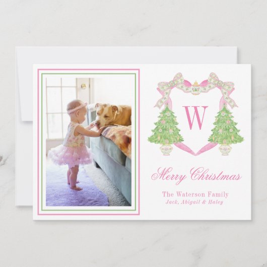 ピンク&グリーンクリスマスツリーモノグラムクレストフォト シーズンカード (正面)